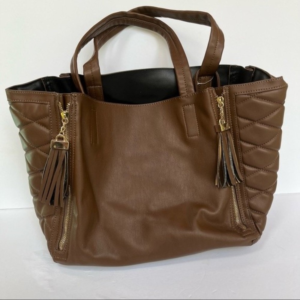 Brown INZI Quilted Zipper Tote Handbag with Tassels
